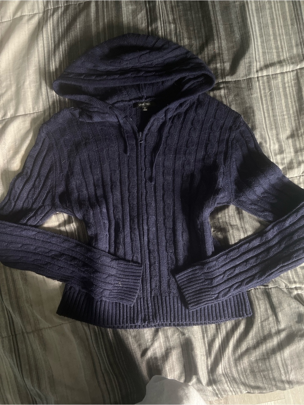 Love Tree Navy Cable-Knit Hooded Zip-Up Sweater